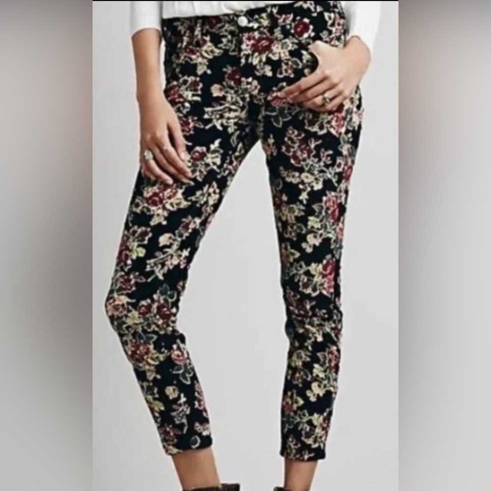 FREE PEOPLE Women’s CORDUROY FLORAL SKINNY Stretch Pants Low sz 28